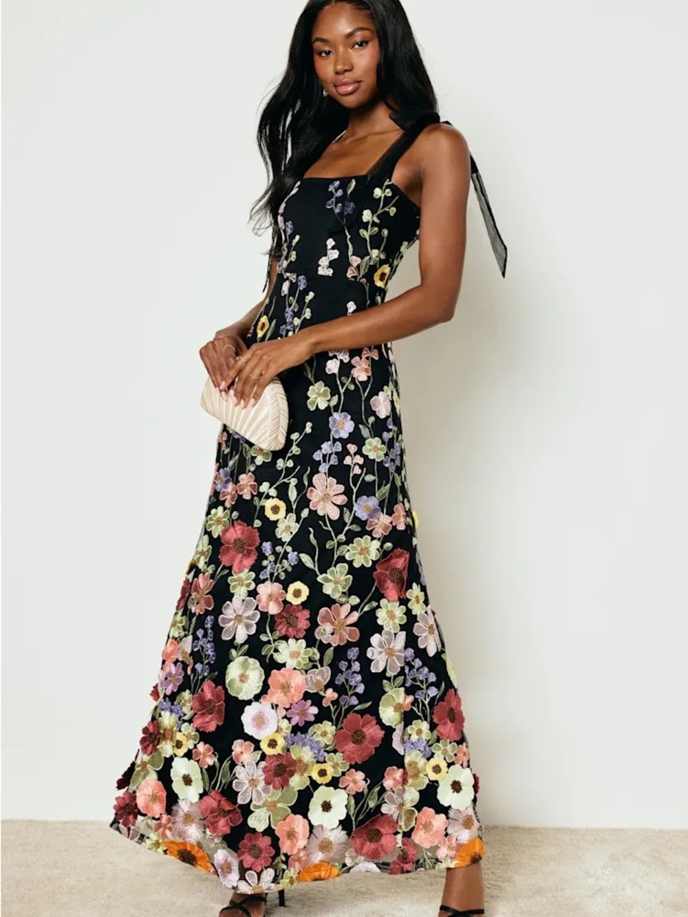 Lulus Thriving Poise Black 3D Floral Embroidered Tie-Strap Maxi Dress NWT Size L